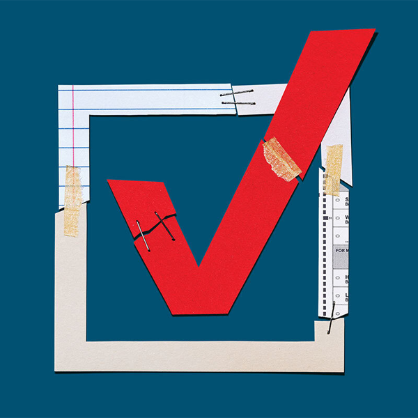 Illustrated red checkmark over a blue background.