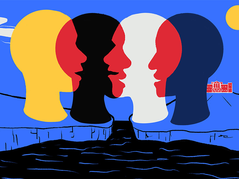 Illustration of 4 heads overlapping on cliffs with water in the foreground.