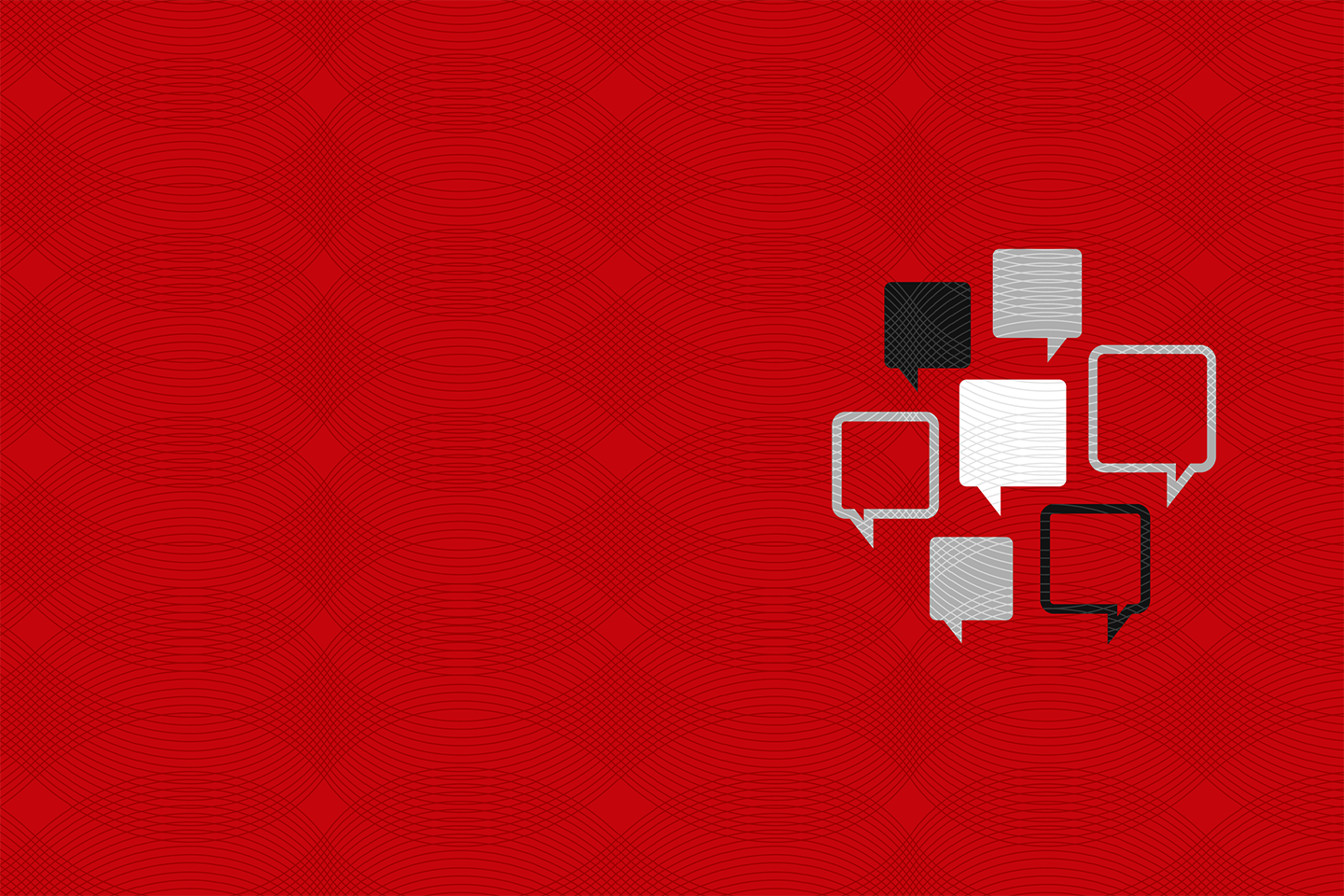 Red textured background with white, gray, and black chat icons arranged in a circle on the right side.