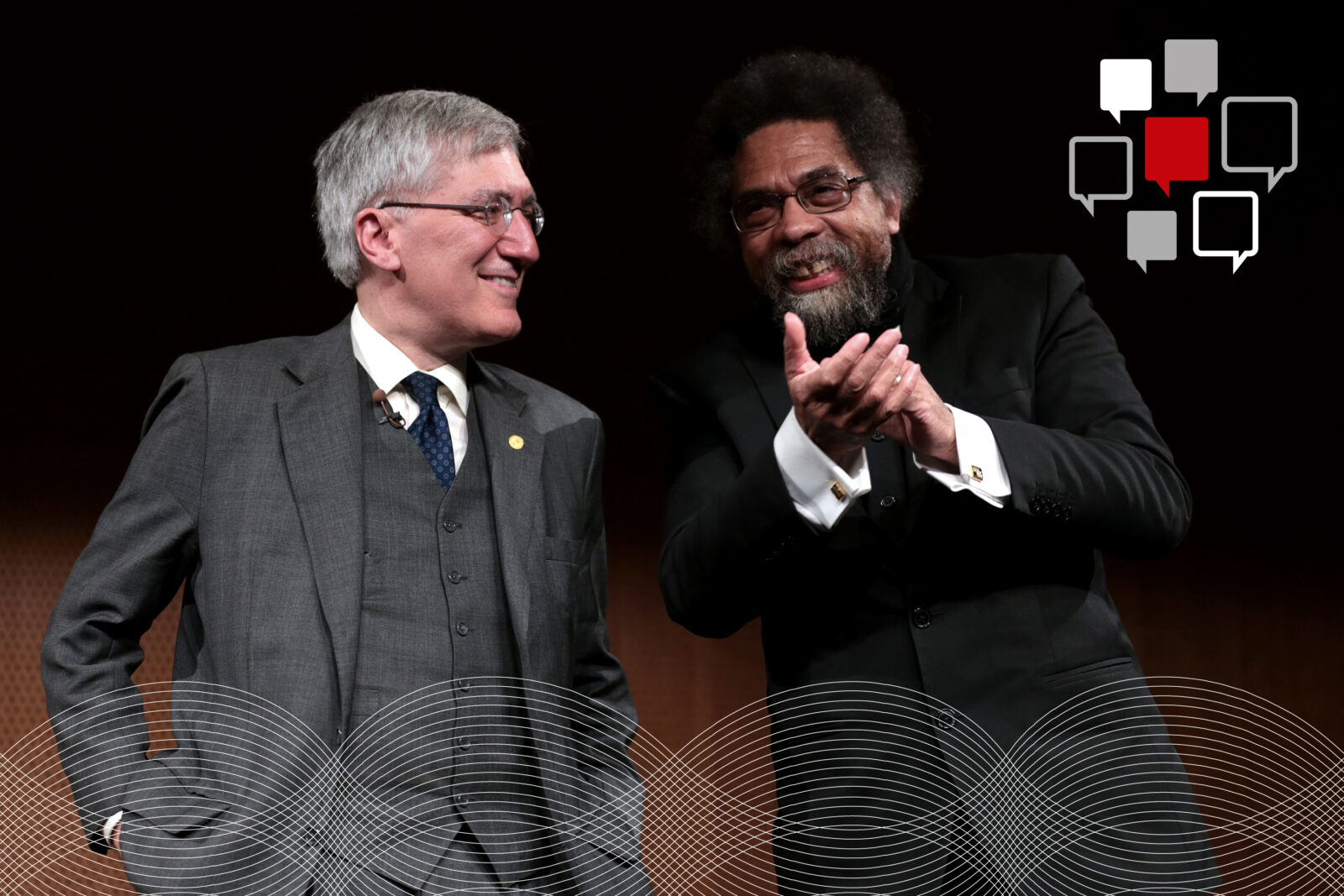 Robert George and Cornel West smile at each other onstage as West gestures, with Wisconsin Exchange speech-bubble logo and wave graphics overlaid.